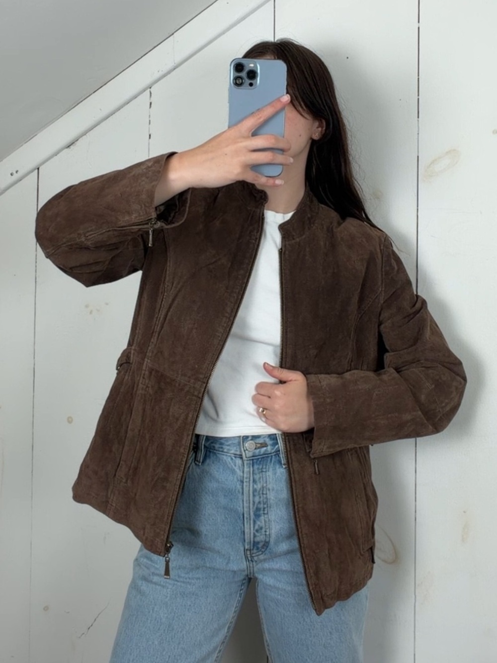 Vintage Brown Suede Leather Zip Up Jacket Women’s M Mandarin Collar Side Buckles